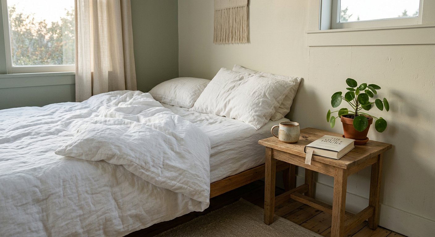 Calm bedroom corner in soft morning light with linen bedding