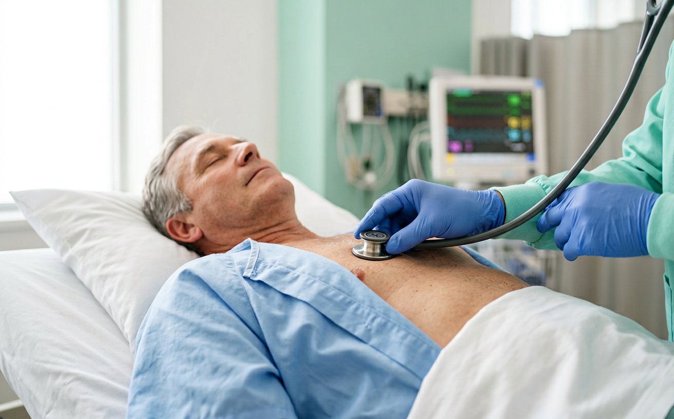 A clinician placing a stethoscope on a patient's chest during a heart check