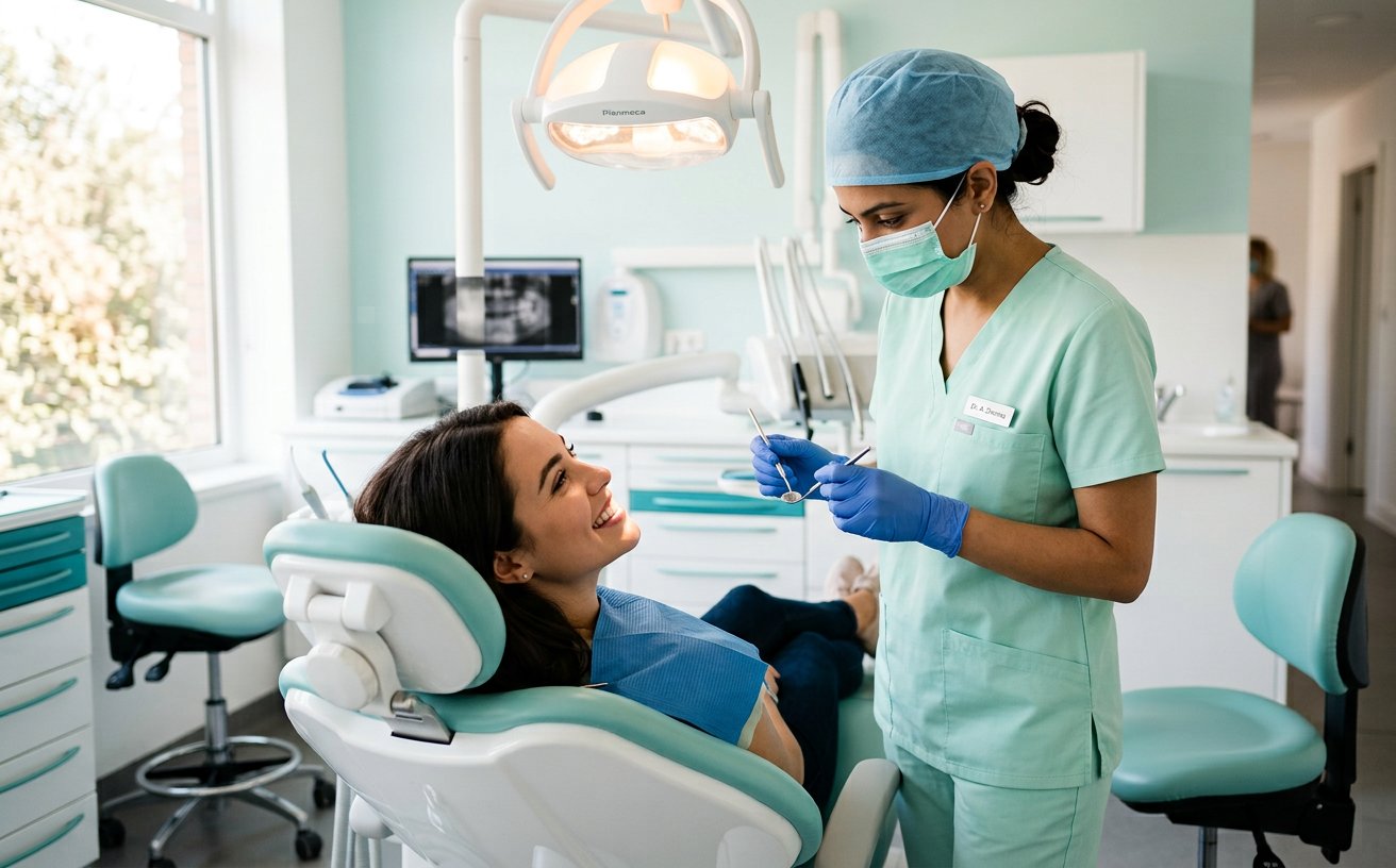 A dentist examining a smiling patient in a modern dental clinic