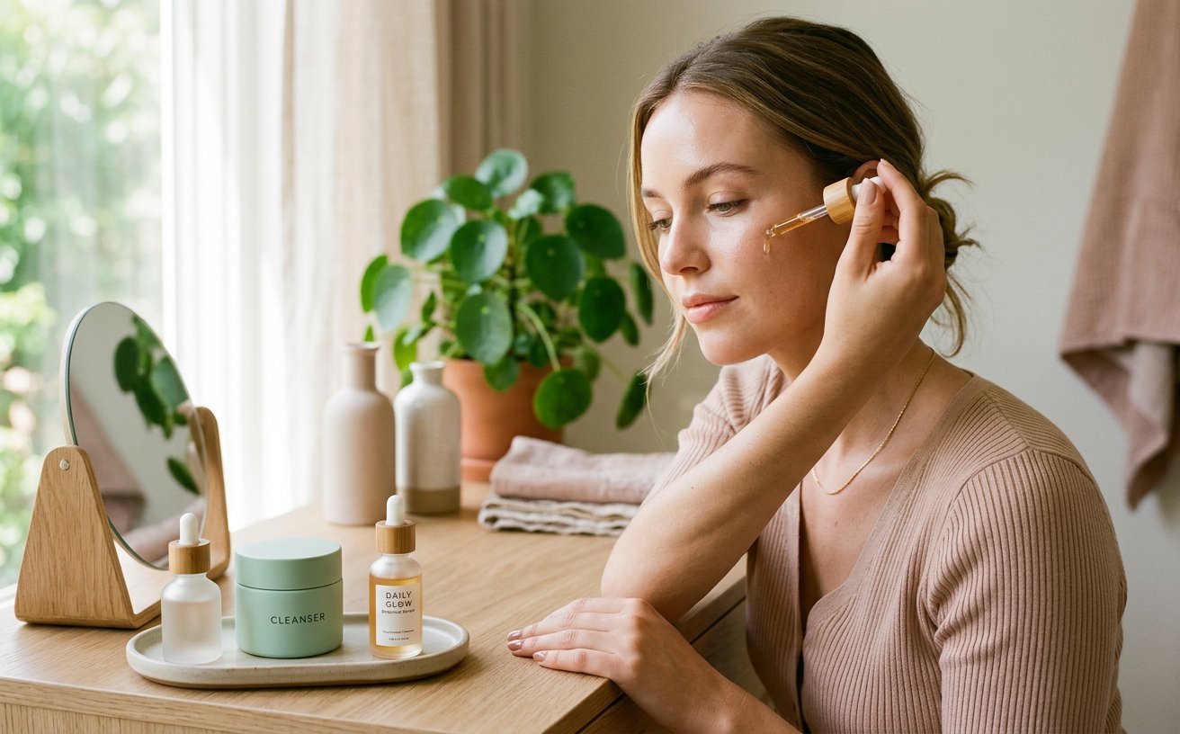 A woman applying facial serum at a bright minimalist vanity