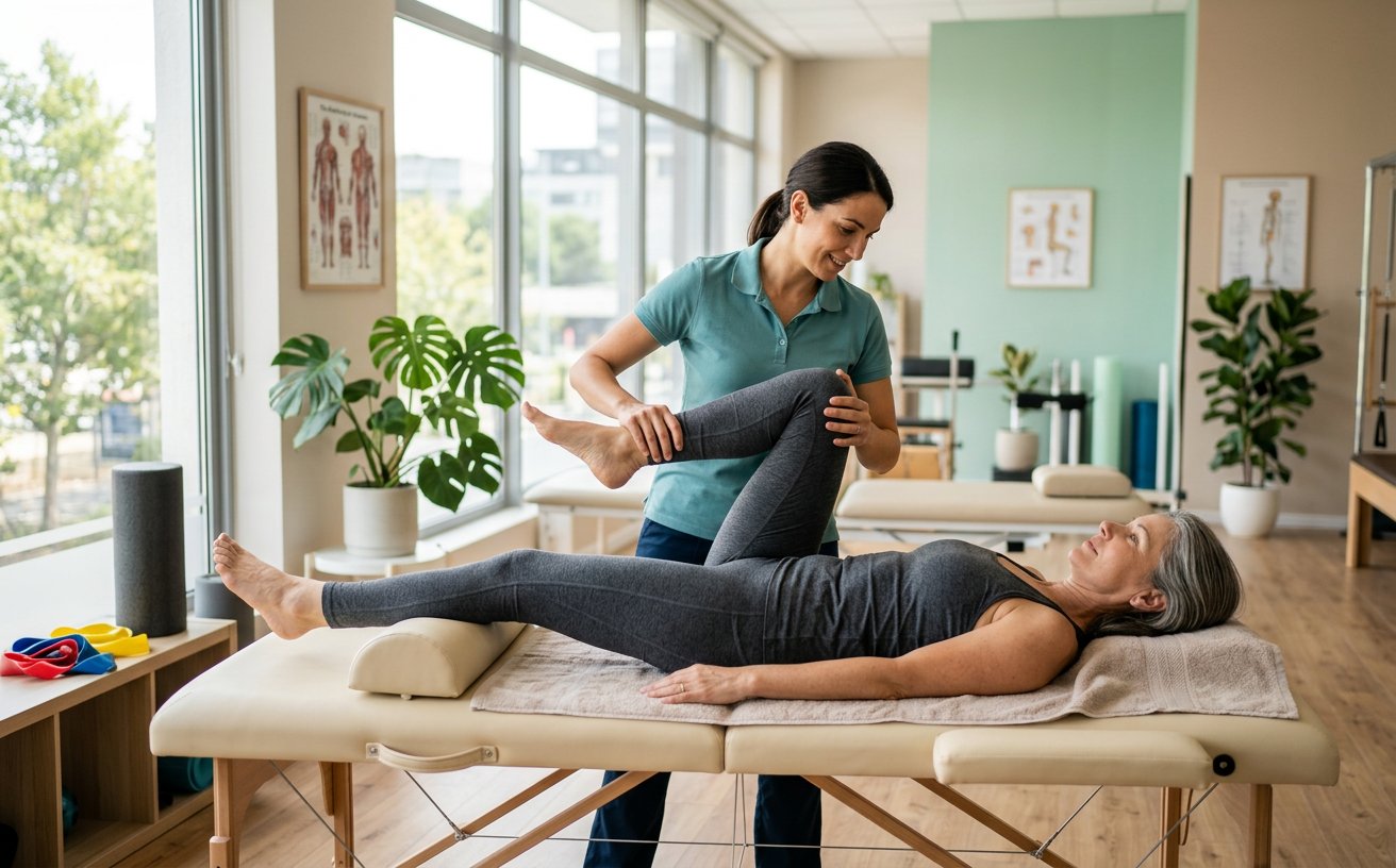 A physiotherapist guiding a patient through a gentle stretch in a rehab studio