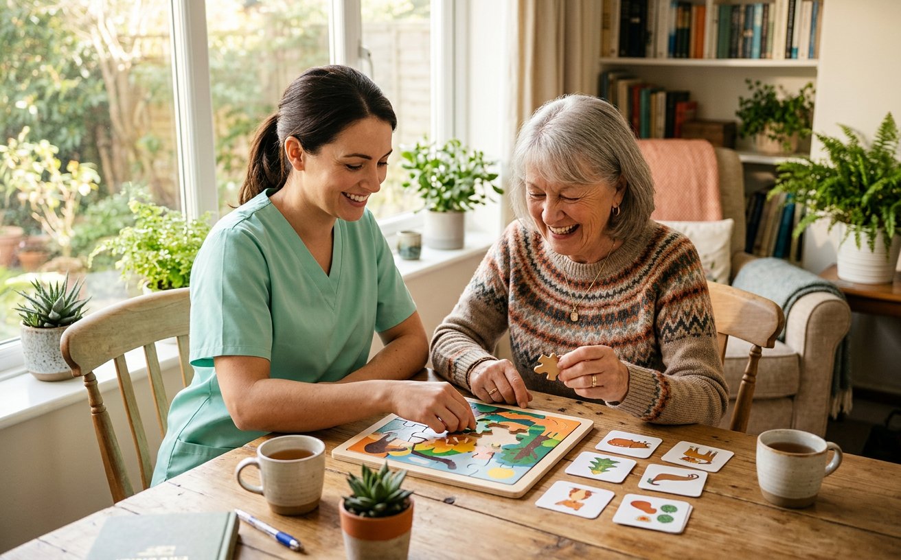A clinician and an older adult working on a puzzle together at a bright table
